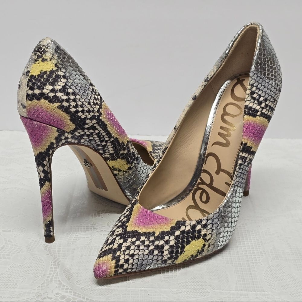 Sam Edelman Danna Lilac Snakeskin Print Genuine Leather Stiletto Heels 7